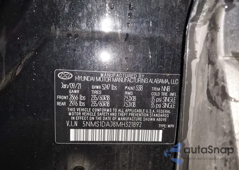 2021 Hyundai Santa Fe Se z USA, uszkodzony, nr VIN 5NMS1DAJ8MH321892